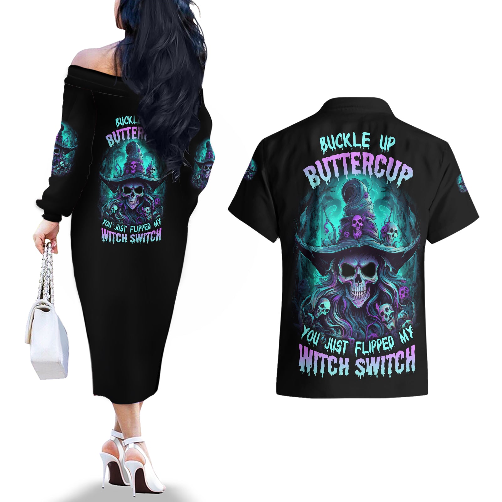Buckle Up Buttercup Skull Witch Halloween Couples Matching Off The Shoulder Long Sleeve Dress and Hawaiian Shirt - Wonder Print Shop