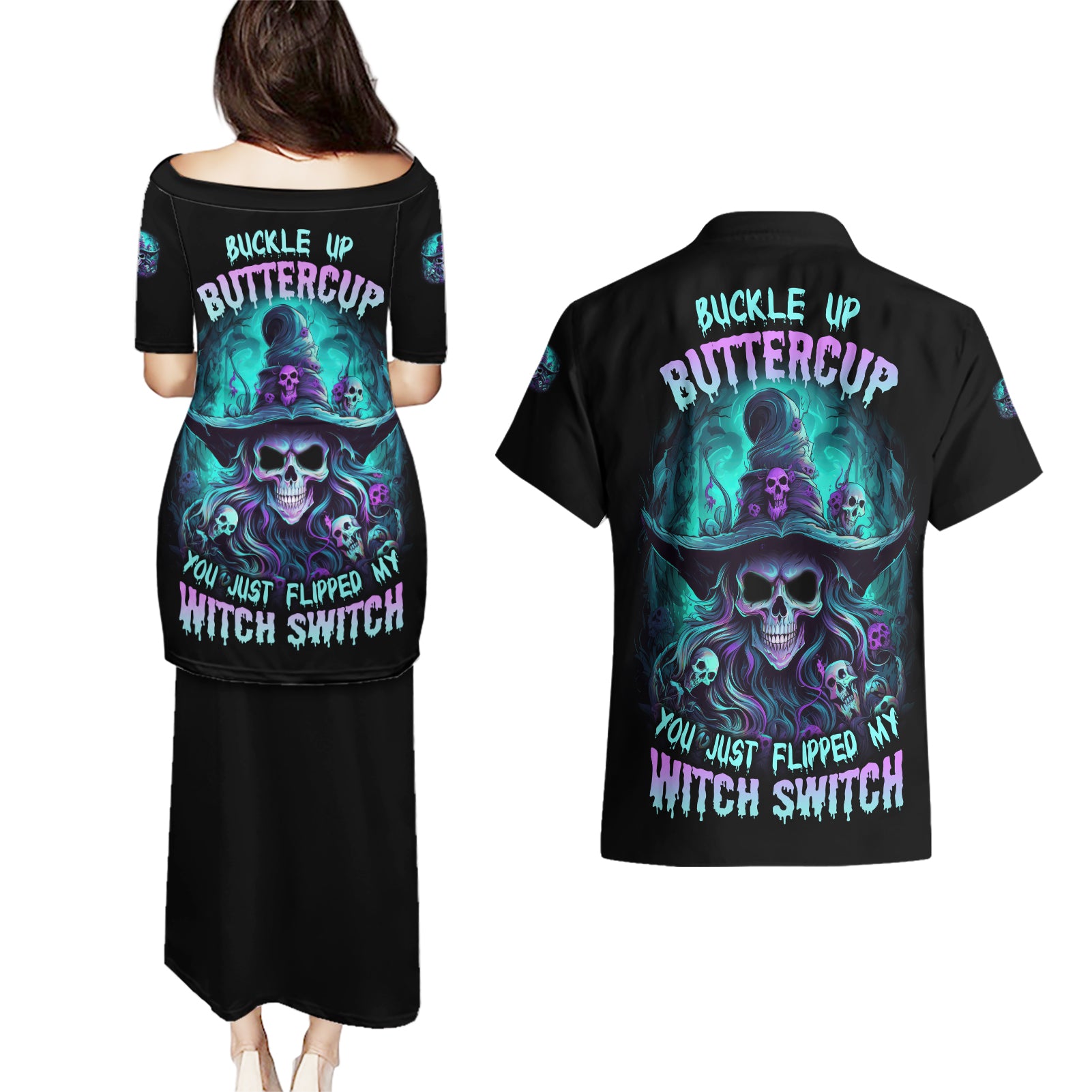 Buckle Up Buttercup Skull Witch Halloween Couples Matching Puletasi Dress and Hawaiian Shirt - Wonder Print Shop