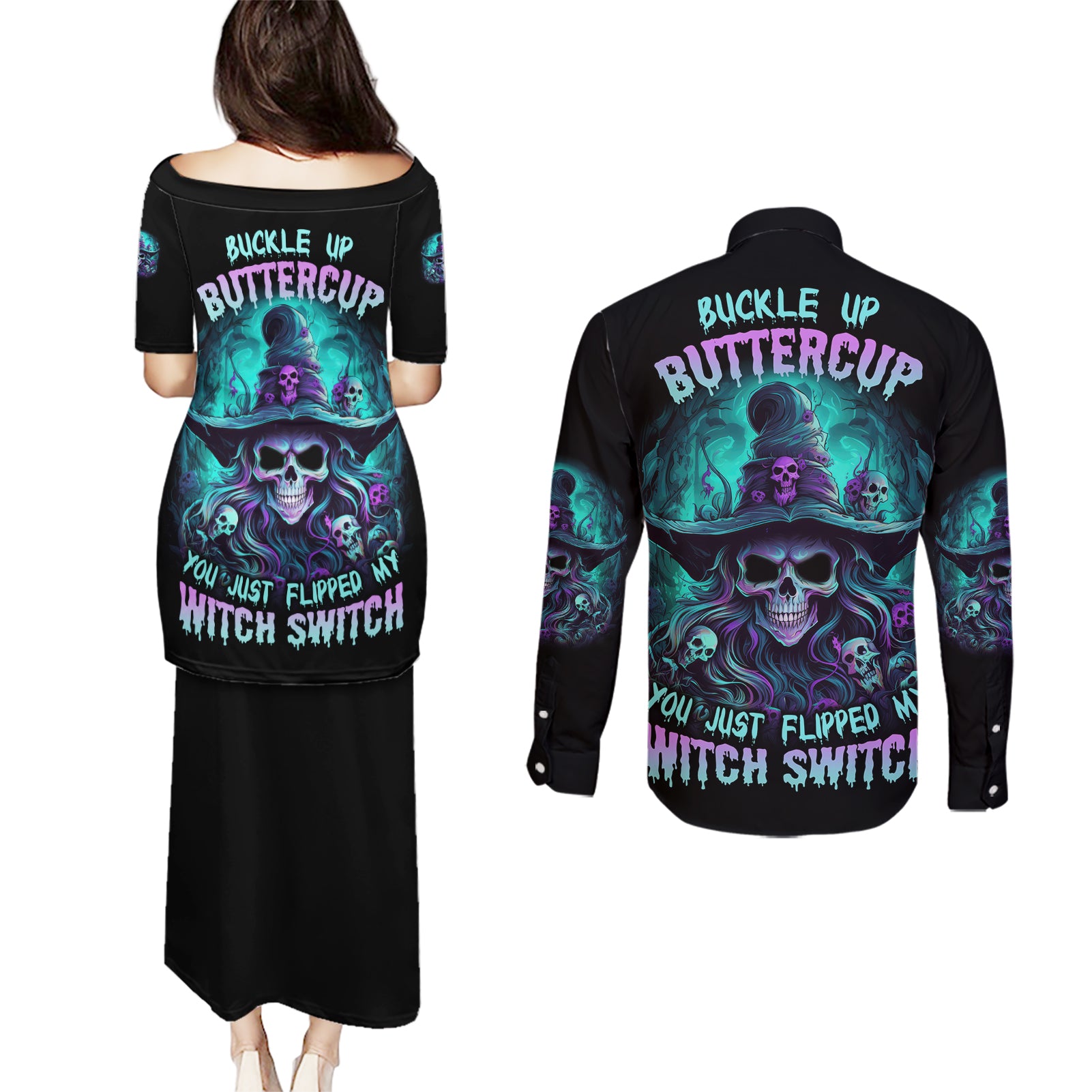 Buckle Up Buttercup Skull Witch Halloween Couples Matching Puletasi Dress and Long Sleeve Button Shirt - Wonder Print Shop