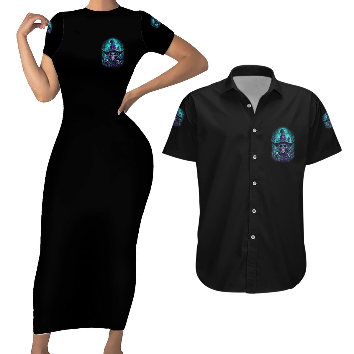 Buckle Up Buttercup Skull Witch Halloween Couples Matching Short Sleeve Bodycon Dress and Hawaiian Shirt - Wonder Print Shop