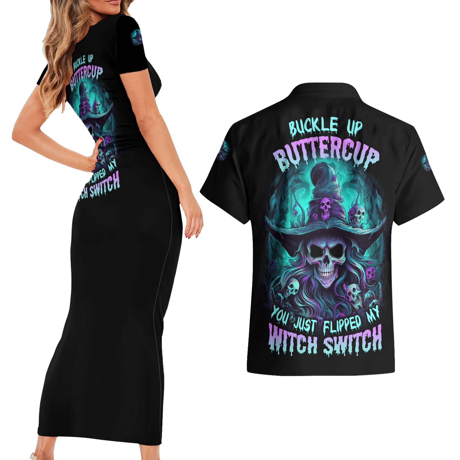 Buckle Up Buttercup Skull Witch Halloween Couples Matching Short Sleeve Bodycon Dress and Hawaiian Shirt - Wonder Print Shop