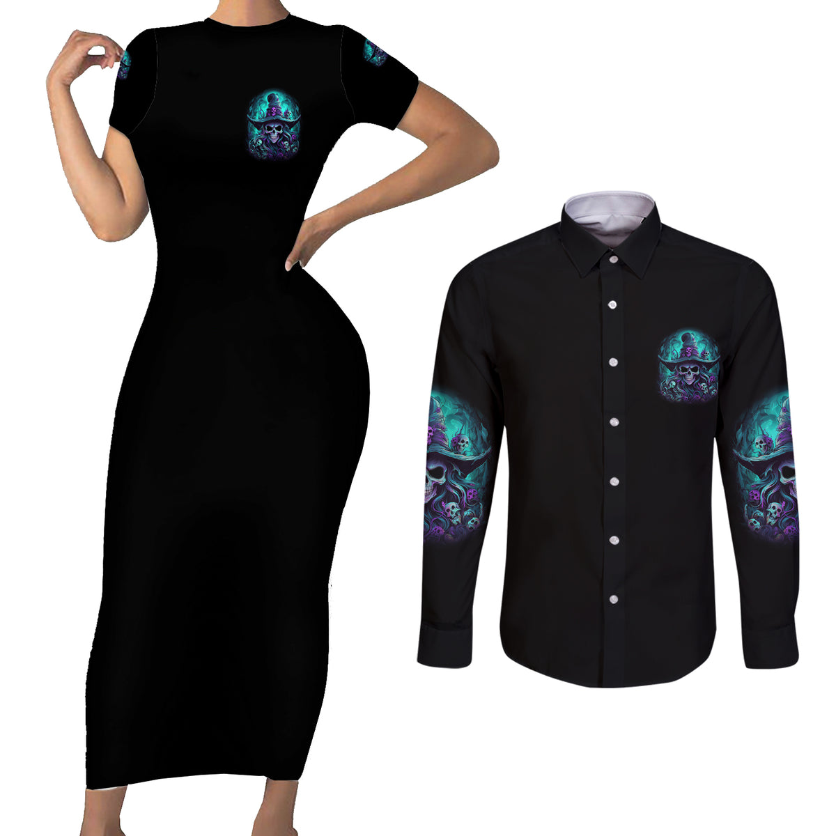 Buckle Up Buttercup Skull Witch Halloween Couples Matching Short Sleeve Bodycon Dress and Long Sleeve Button Shirt - Wonder Print Shop