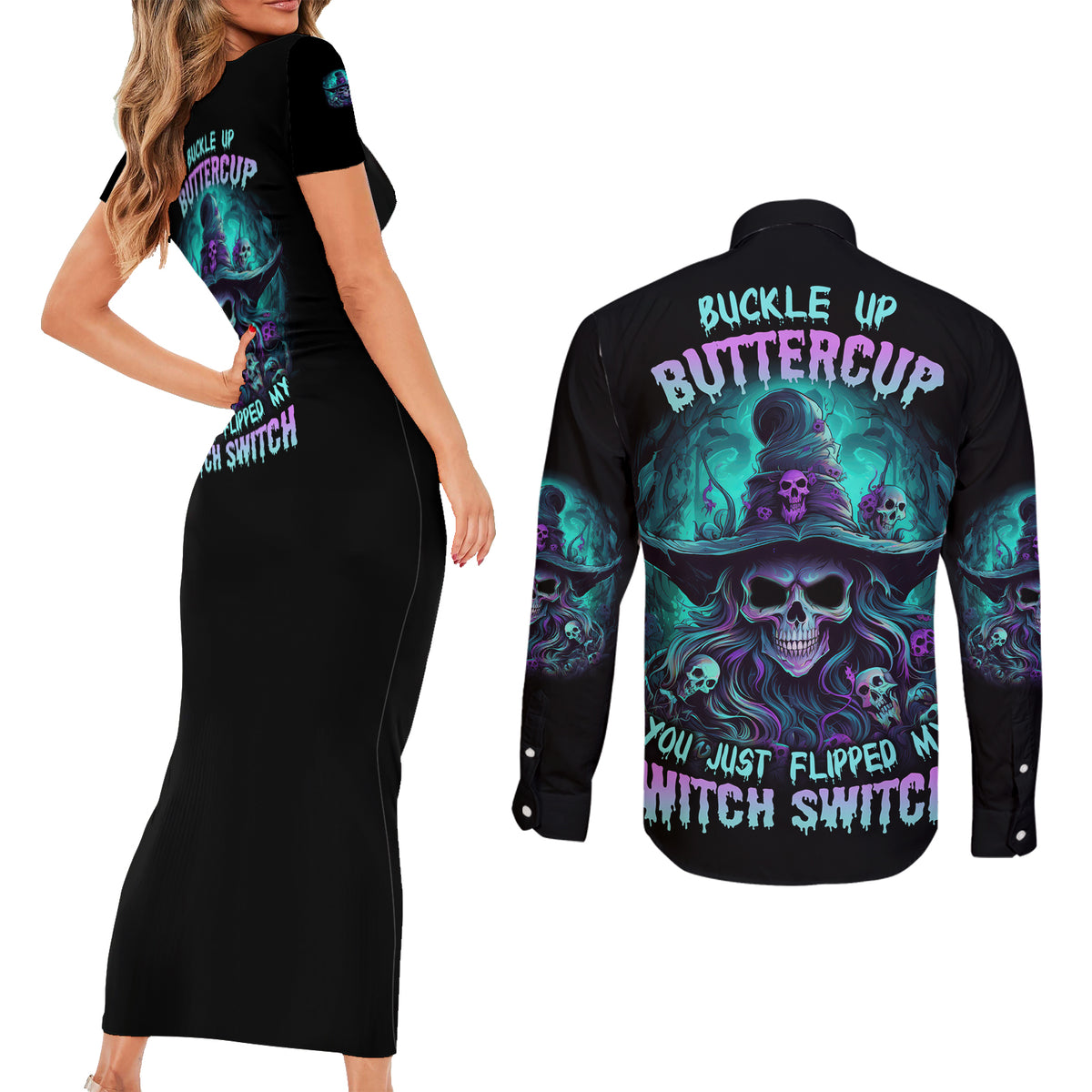 Buckle Up Buttercup Skull Witch Halloween Couples Matching Short Sleeve Bodycon Dress and Long Sleeve Button Shirt - Wonder Print Shop