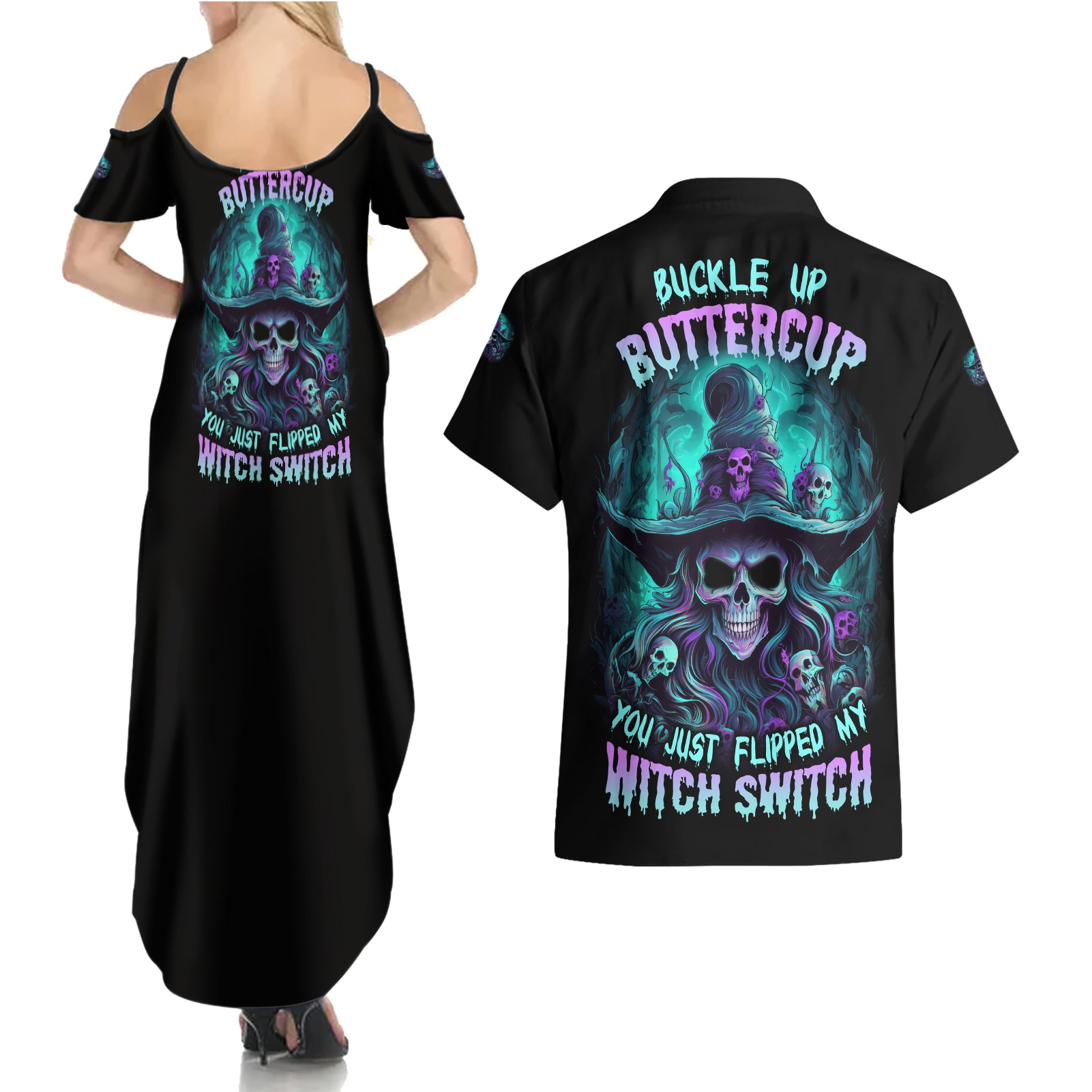 Buckle Up Buttercup Skull Witch Halloween Couples Matching Summer Maxi Dress and Hawaiian Shirt - Wonder Print Shop