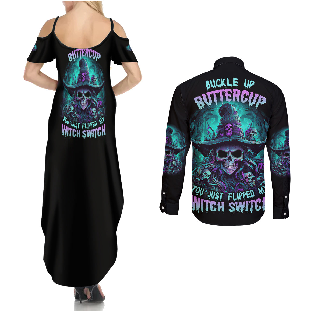 Buckle Up Buttercup Skull Witch Halloween Couples Matching Summer Maxi Dress and Long Sleeve Button Shirt - Wonder Print Shop
