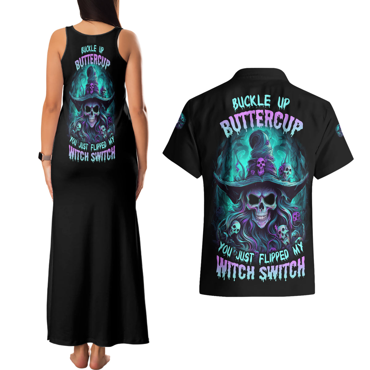 Buckle Up Buttercup Skull Witch Halloween Couples Matching Tank Maxi Dress and Hawaiian Shirt - Wonder Print Shop