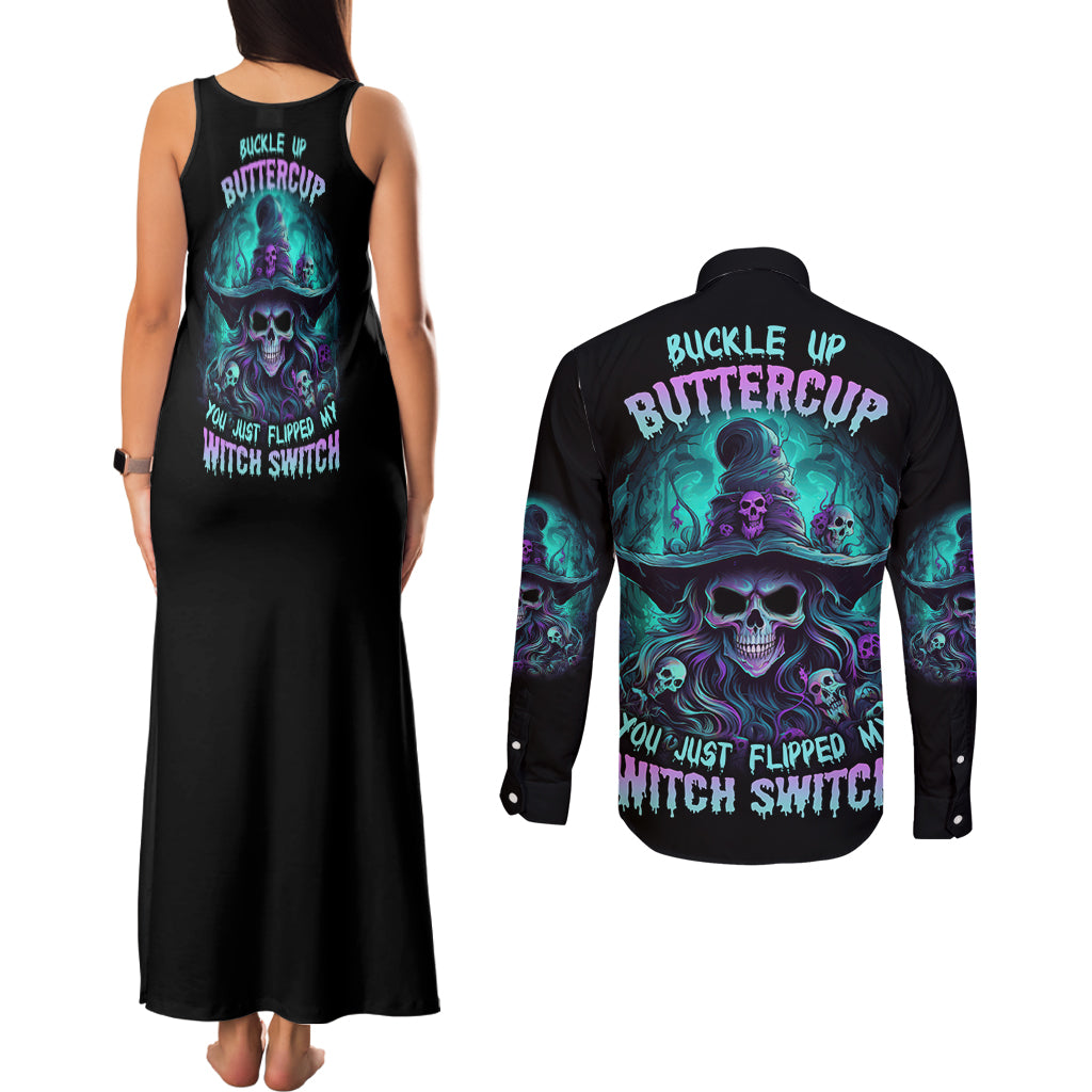 Buckle Up Buttercup Skull Witch Halloween Couples Matching Tank Maxi Dress and Long Sleeve Button Shirt - Wonder Print Shop