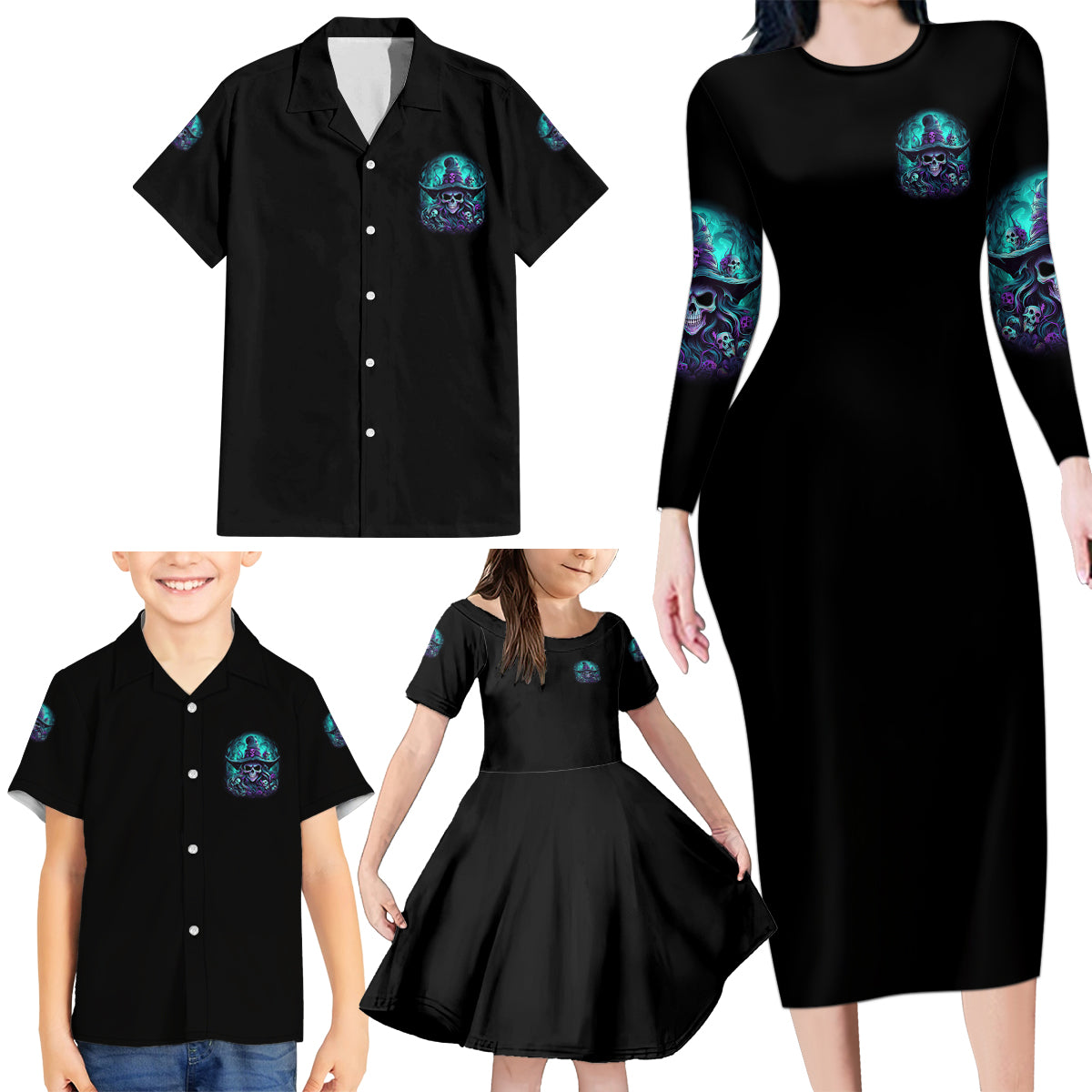 Buckle Up Buttercup Skull Witch Halloween Family Matching Long Sleeve Bodycon Dress and Hawaiian Shirt - Wonder Print Shop