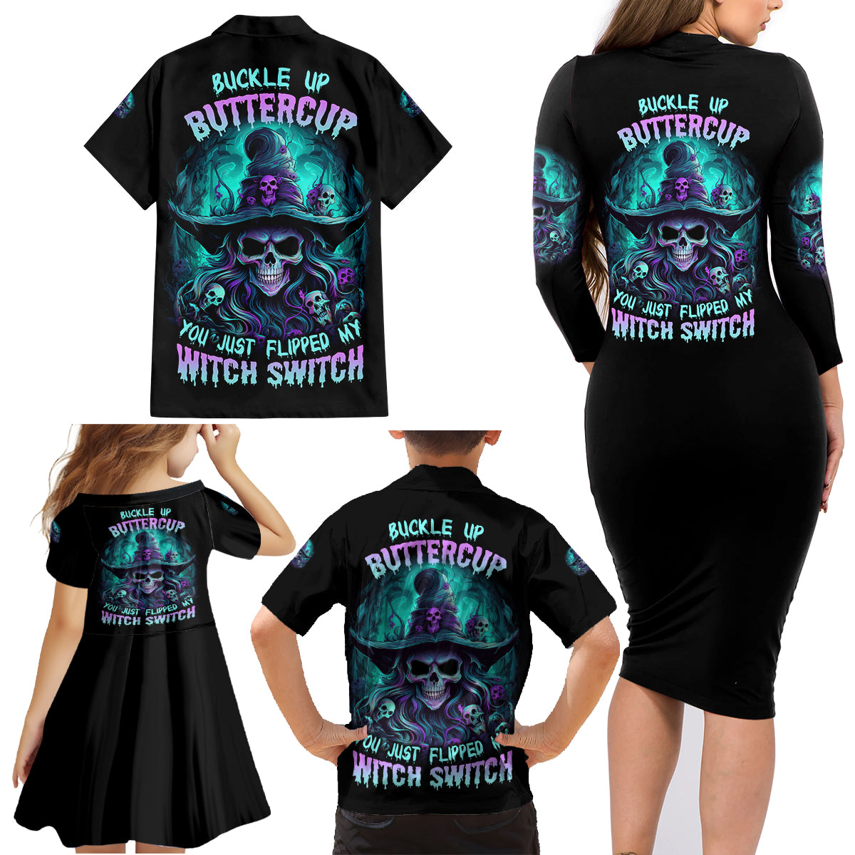 Buckle Up Buttercup Skull Witch Halloween Family Matching Long Sleeve Bodycon Dress and Hawaiian Shirt - Wonder Print Shop