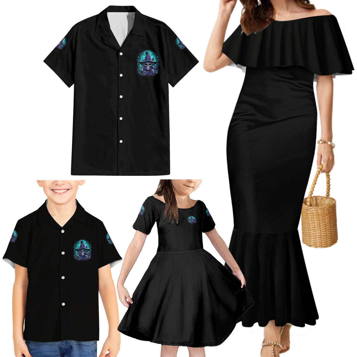 Buckle Up Buttercup Skull Witch Halloween Family Matching Mermaid Dress and Hawaiian Shirt - Wonder Print Shop