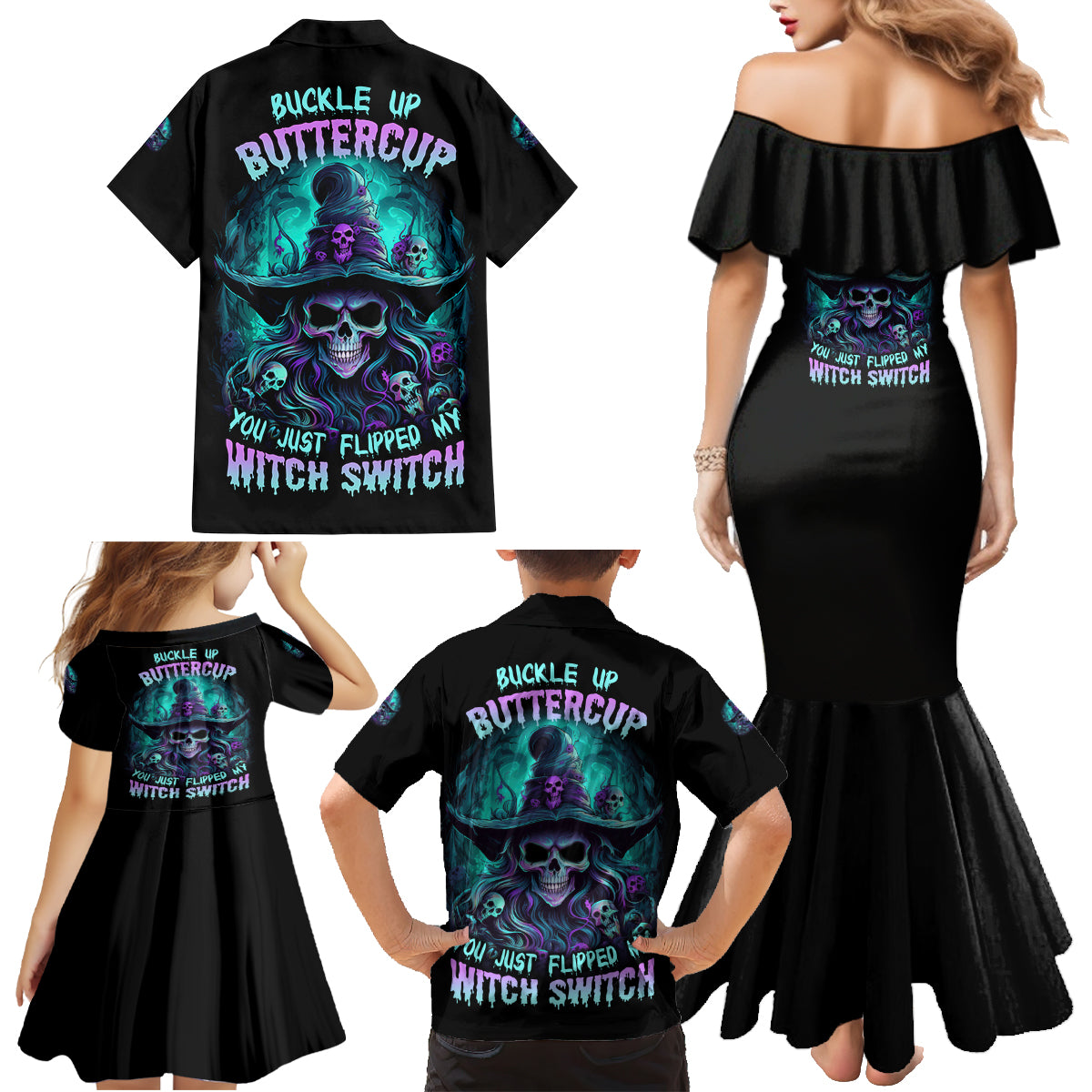 Buckle Up Buttercup Skull Witch Halloween Family Matching Mermaid Dress and Hawaiian Shirt - Wonder Print Shop