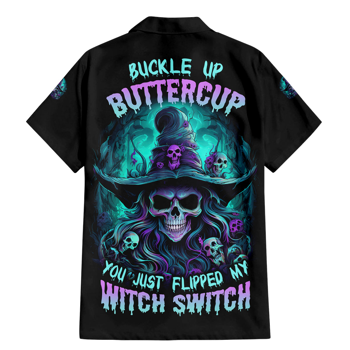 Buckle Up Buttercup Skull Witch Halloween Family Matching Mermaid Dress and Hawaiian Shirt - Wonder Print Shop