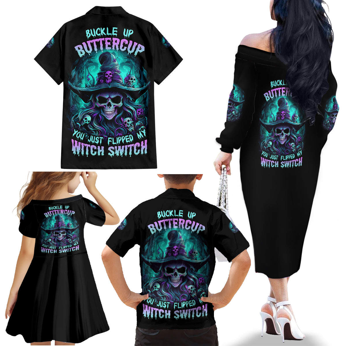 Buckle Up Buttercup Skull Witch Halloween Family Matching Off Shoulder Long Sleeve Dress and Hawaiian Shirt - Wonder Print Shop