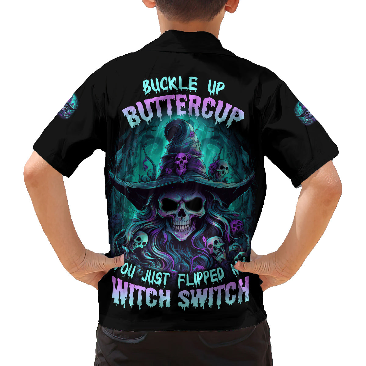 Buckle Up Buttercup Skull Witch Halloween Family Matching Off Shoulder Maxi Dress and Hawaiian Shirt - Wonder Print Shop