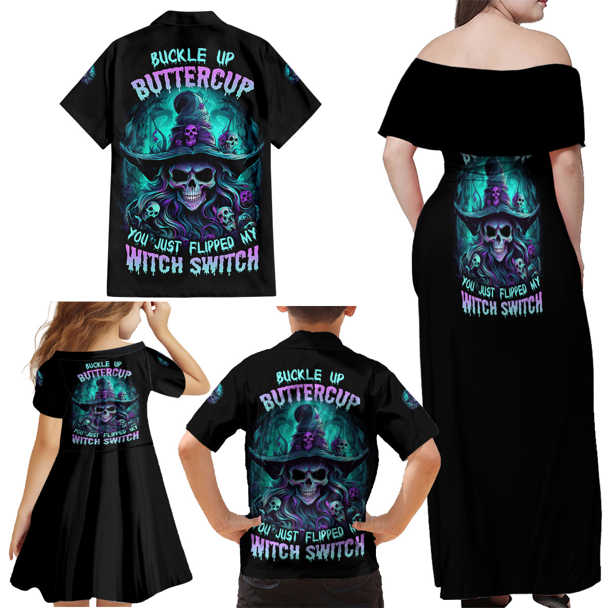 Buckle Up Buttercup Skull Witch Halloween Family Matching Off Shoulder Maxi Dress and Hawaiian Shirt - Wonder Print Shop