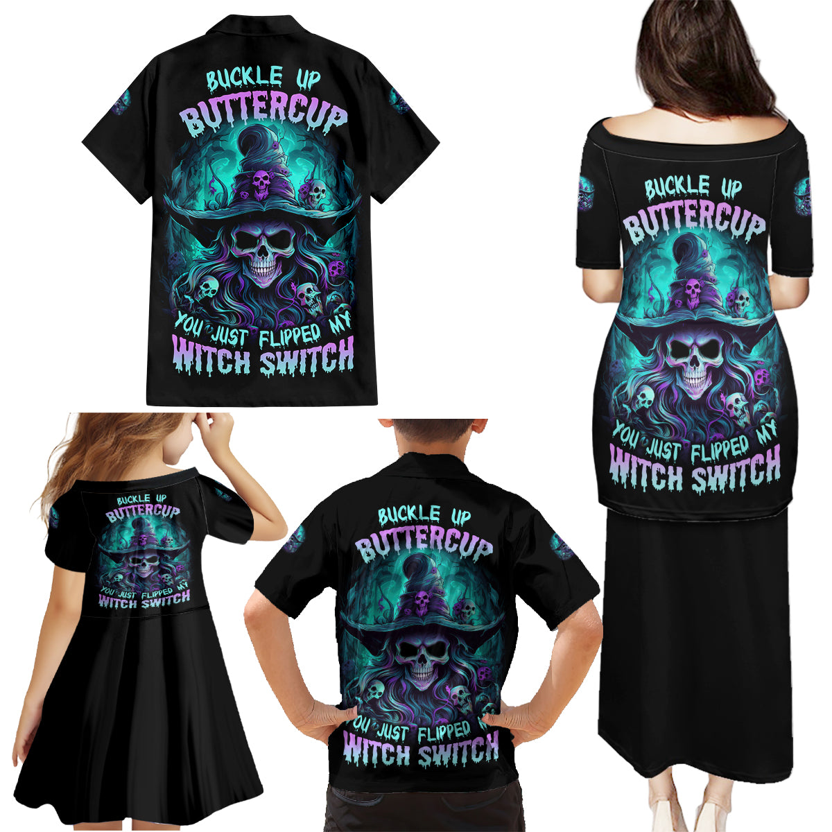 Buckle Up Buttercup Skull Witch Halloween Family Matching Puletasi Dress and Hawaiian Shirt - Wonder Print Shop