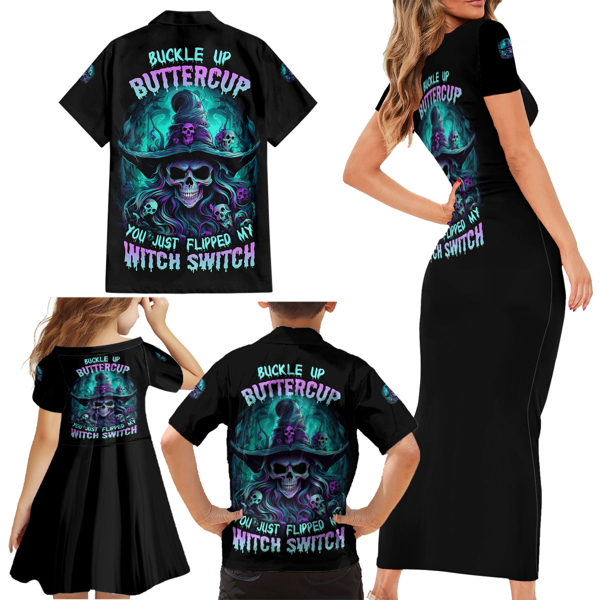 Buckle Up Buttercup Skull Witch Halloween Family Matching Short Sleeve Bodycon Dress and Hawaiian Shirt - Wonder Print Shop