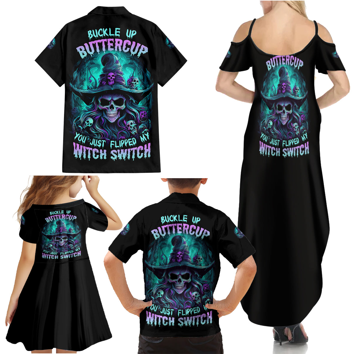 Buckle Up Buttercup Skull Witch Halloween Family Matching Summer Maxi Dress and Hawaiian Shirt - Wonder Print Shop