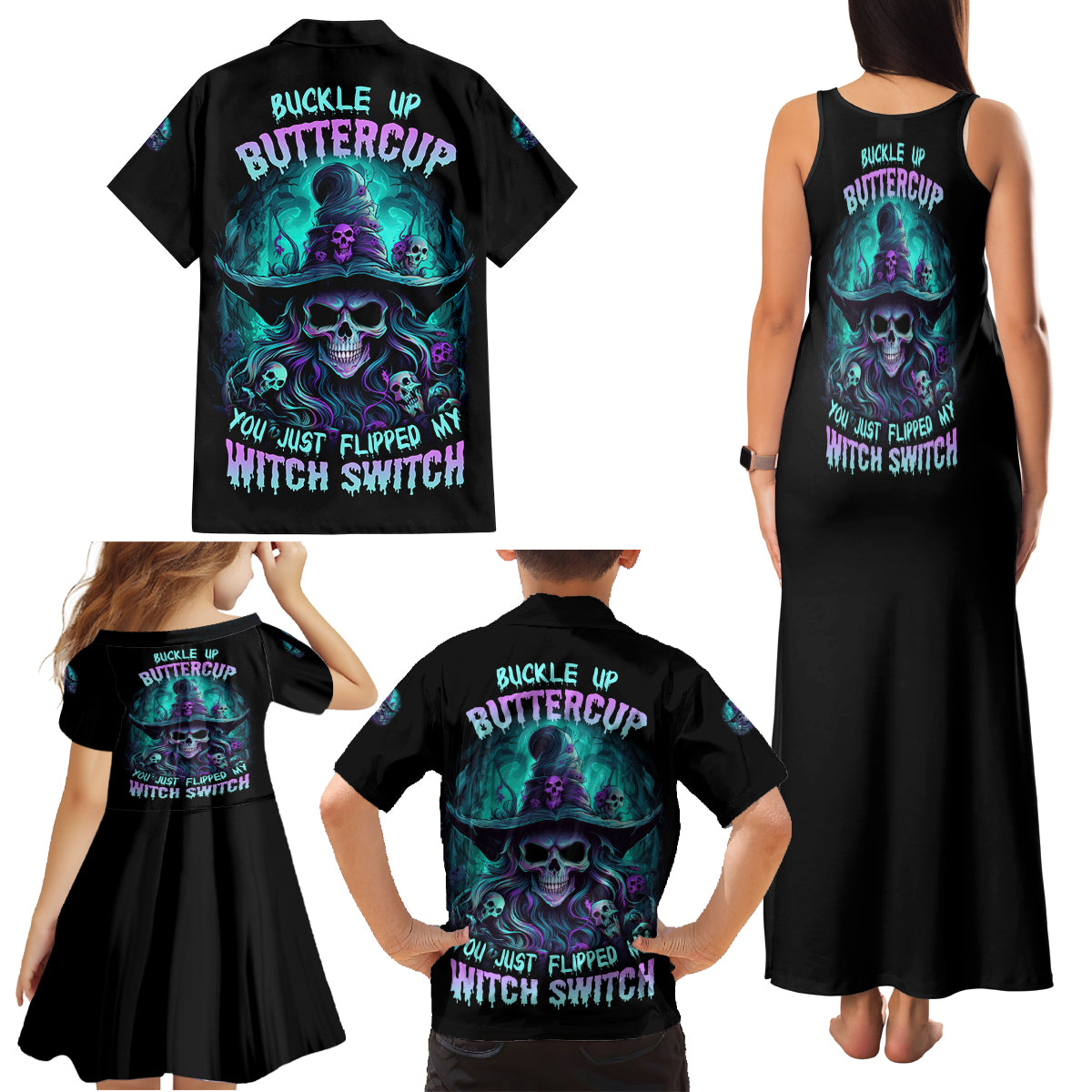 Buckle Up Buttercup Skull Witch Halloween Family Matching Tank Maxi Dress and Hawaiian Shirt - Wonder Print Shop