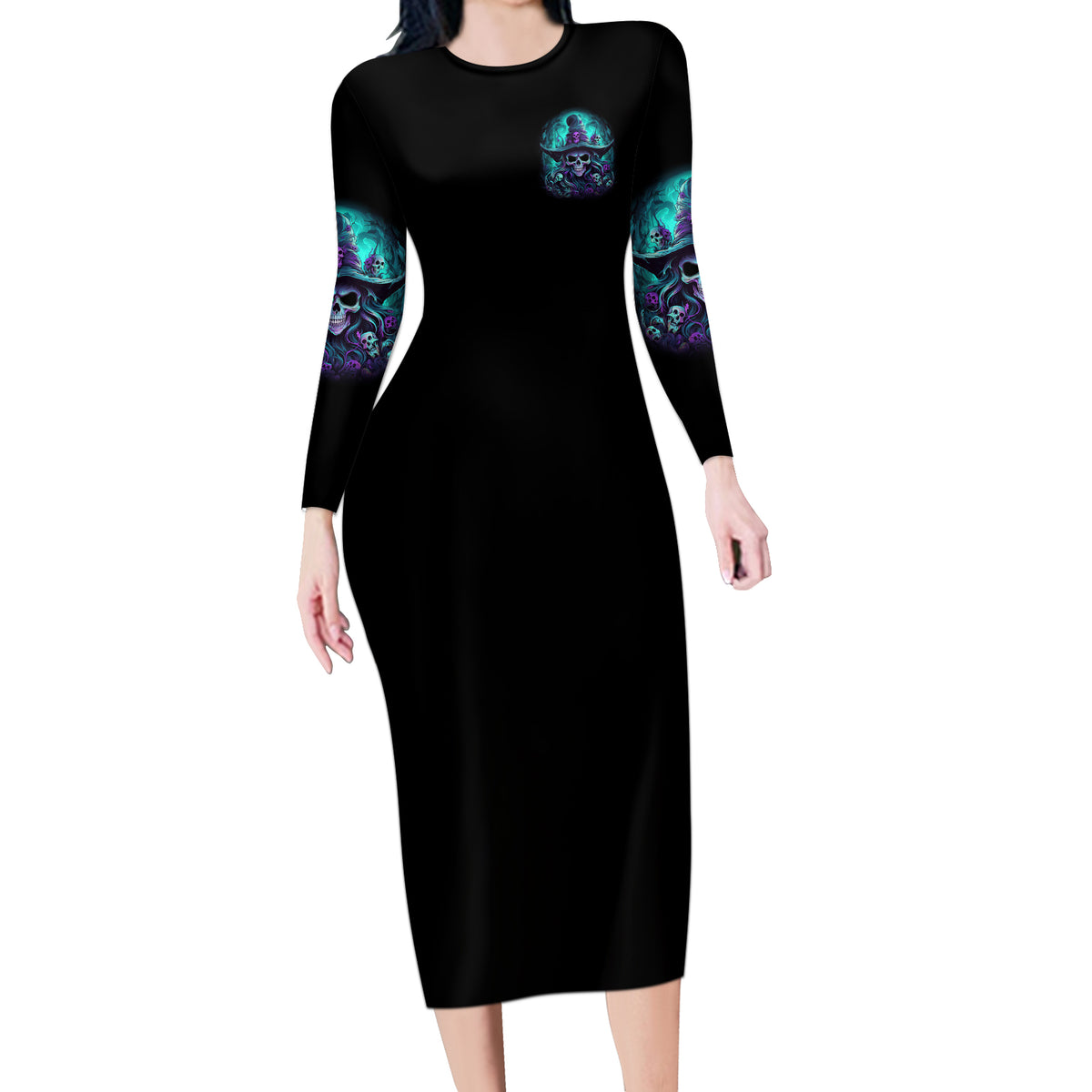 Buckle Up Buttercup Skull Witch Halloween Long Sleeve Bodycon Dress - Wonder Print Shop