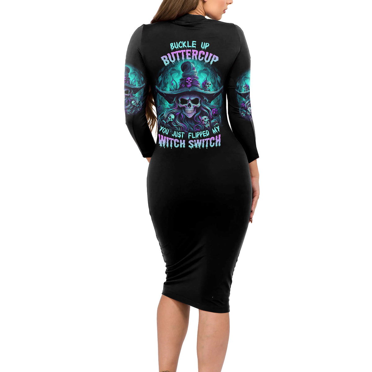 Buckle Up Buttercup Skull Witch Halloween Long Sleeve Bodycon Dress - Wonder Print Shop