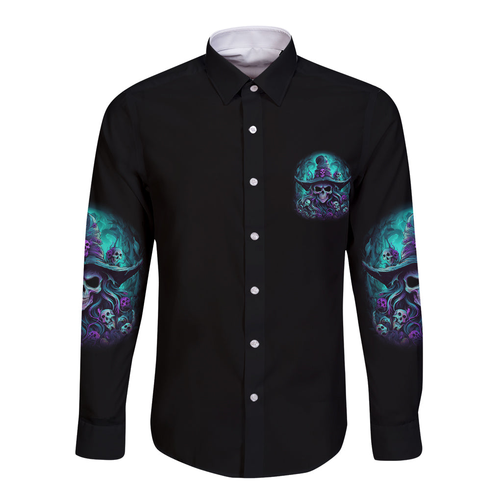 Buckle Up Buttercup Skull Witch Halloween Long Sleeve Button Shirt - Wonder Print Shop