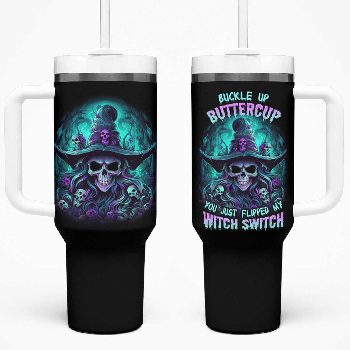Buckle Up Buttercup Skull Witch Halloween Tumbler With Handle - Wonder Print Shop