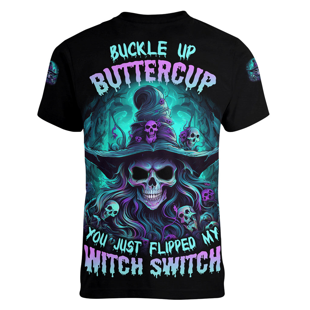 Buckle Up Buttercup Skull Witch Halloween Women V Neck T Shirt - Wonder Print Shop