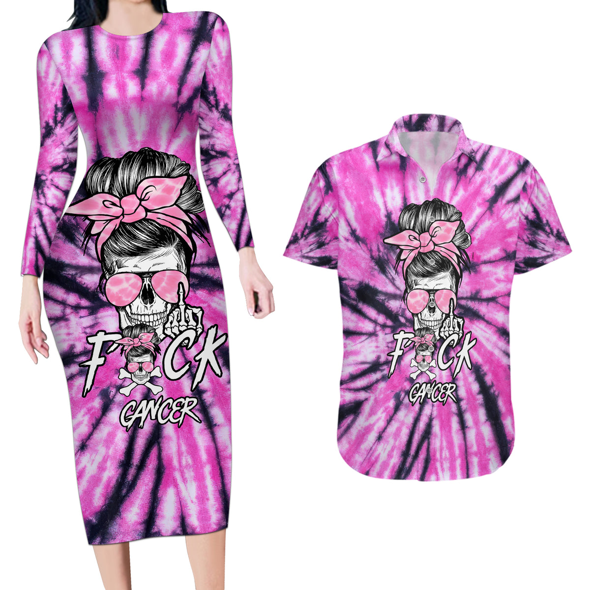 Fcks Cancer Skull Tie Dye Couples Matching Long Sleeve Bodycon Dress and Hawaiian Shirt - Wonder Print Shop