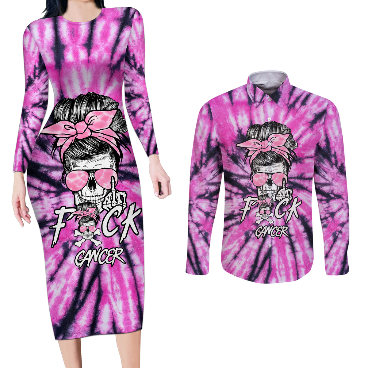 Fcks Cancer Skull Tie Dye Couples Matching Long Sleeve Bodycon Dress and Long Sleeve Button Shirt - Wonder Print Shop