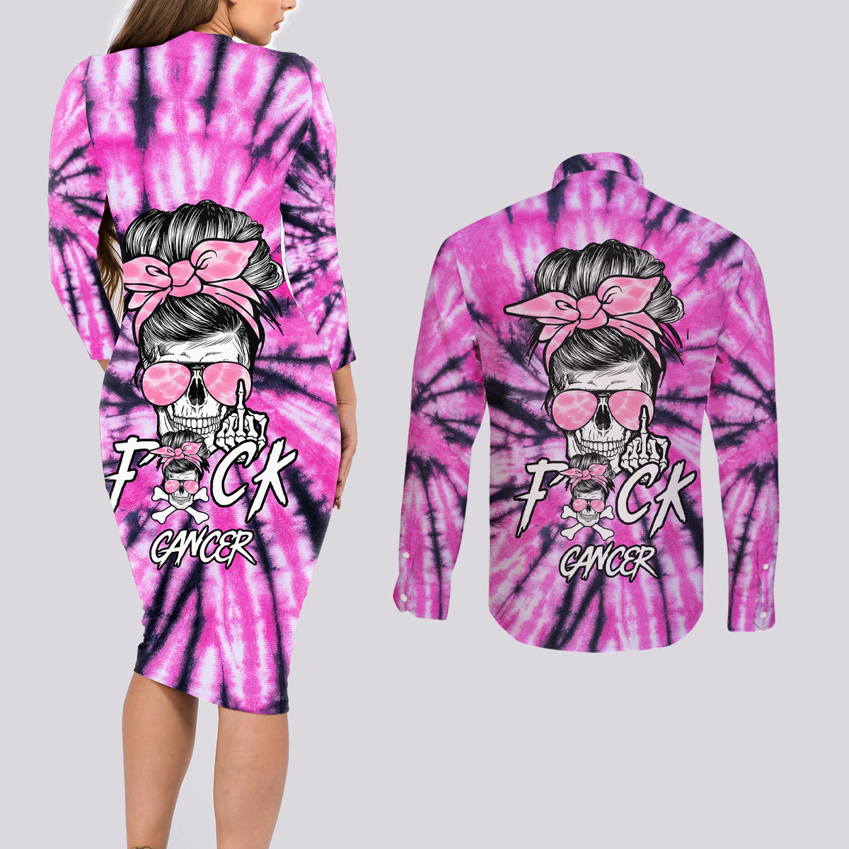 Fcks Cancer Skull Tie Dye Couples Matching Long Sleeve Bodycon Dress and Long Sleeve Button Shirt - Wonder Print Shop