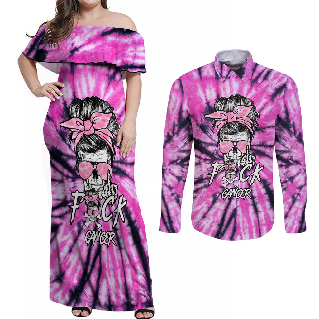 Fcks Cancer Skull Tie Dye Couples Matching Off Shoulder Maxi Dress and Long Sleeve Button Shirt - Wonder Print Shop