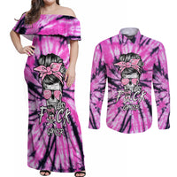 Fcks Cancer Skull Tie Dye Couples Matching Off Shoulder Maxi Dress and Long Sleeve Button Shirt - Wonder Print Shop