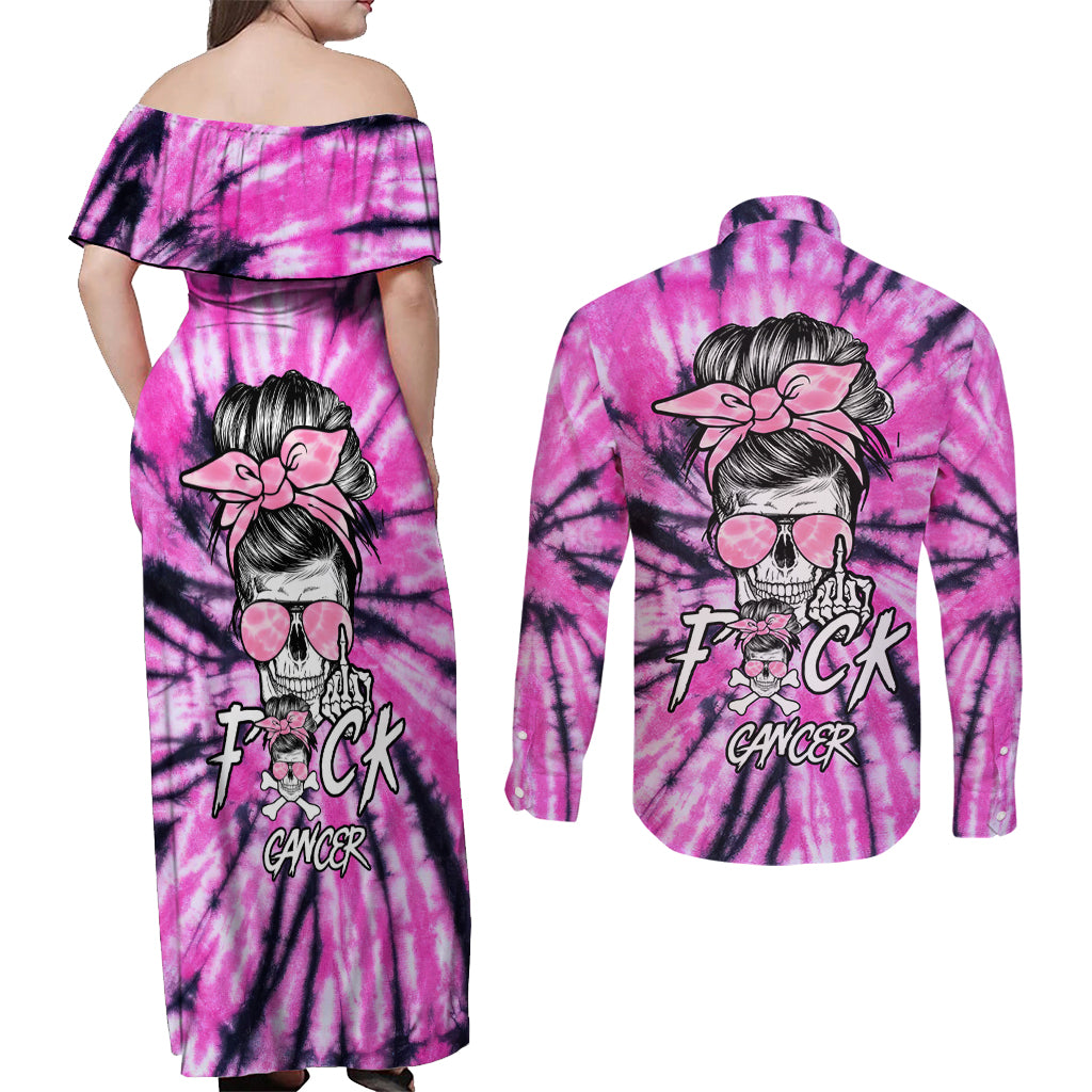 Fcks Cancer Skull Tie Dye Couples Matching Off Shoulder Maxi Dress and Long Sleeve Button Shirt - Wonder Print Shop