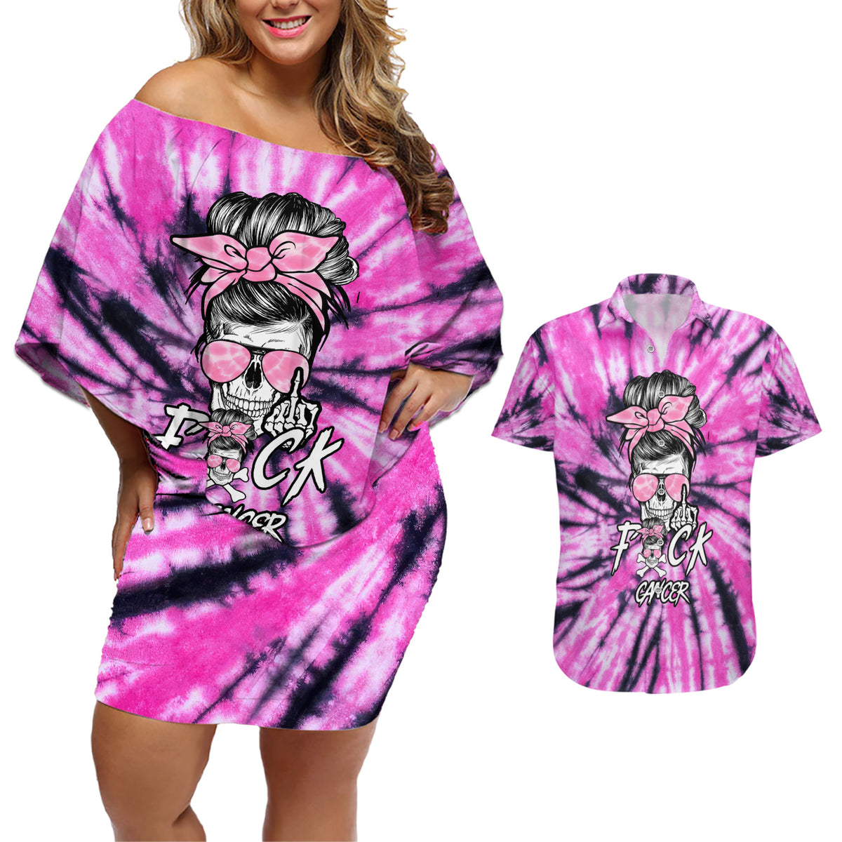 Fcks Cancer Skull Tie Dye Couples Matching Off Shoulder Short Dress and Hawaiian Shirt - Wonder Print Shop