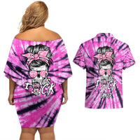 Fcks Cancer Skull Tie Dye Couples Matching Off Shoulder Short Dress and Hawaiian Shirt - Wonder Print Shop