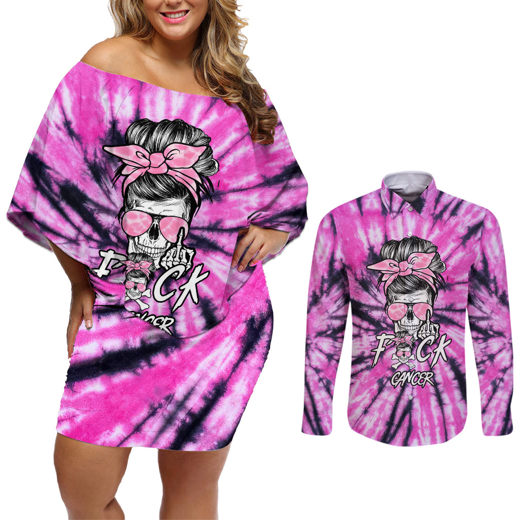Fcks Cancer Skull Tie Dye Couples Matching Off Shoulder Short Dress and Long Sleeve Button Shirt - Wonder Print Shop