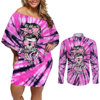 Fcks Cancer Skull Tie Dye Couples Matching Off Shoulder Short Dress and Long Sleeve Button Shirt - Wonder Print Shop