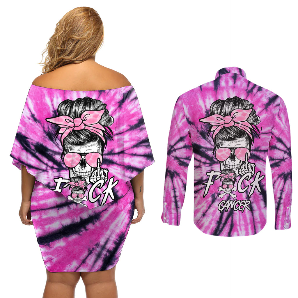 Fcks Cancer Skull Tie Dye Couples Matching Off Shoulder Short Dress and Long Sleeve Button Shirt - Wonder Print Shop