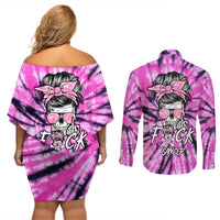Fcks Cancer Skull Tie Dye Couples Matching Off Shoulder Short Dress and Long Sleeve Button Shirt - Wonder Print Shop