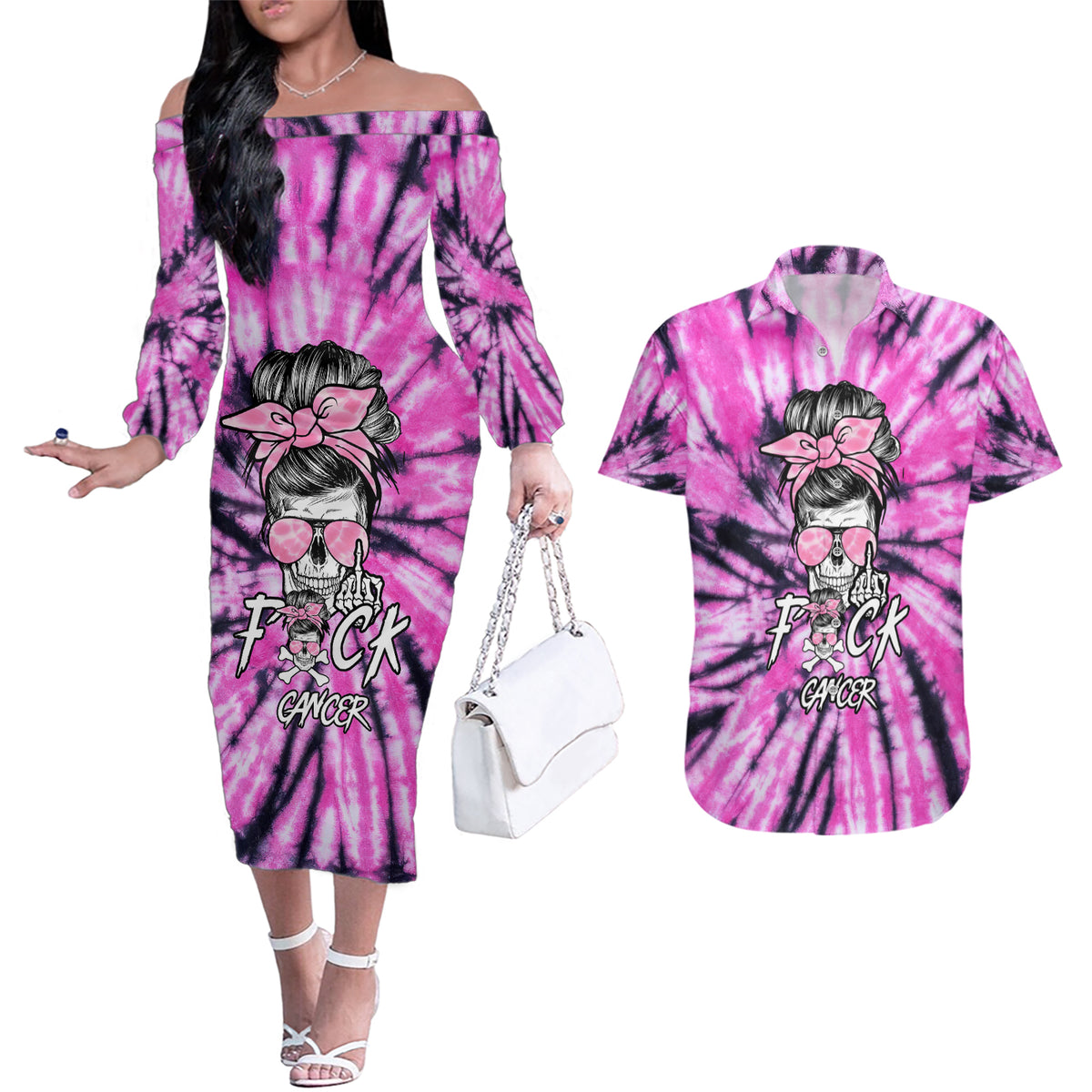 Fcks Cancer Skull Tie Dye Couples Matching Off The Shoulder Long Sleeve Dress and Hawaiian Shirt - Wonder Print Shop