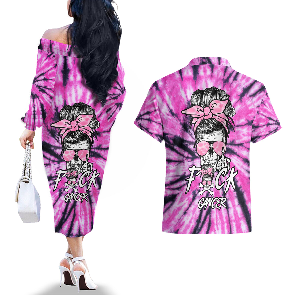 Fcks Cancer Skull Tie Dye Couples Matching Off The Shoulder Long Sleeve Dress and Hawaiian Shirt - Wonder Print Shop