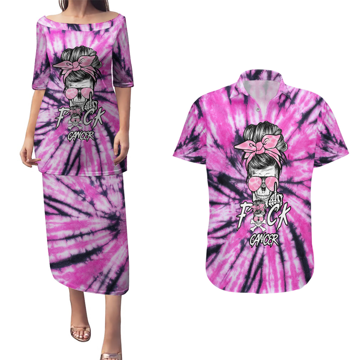 Fcks Cancer Skull Tie Dye Couples Matching Puletasi Dress and Hawaiian Shirt - Wonder Print Shop
