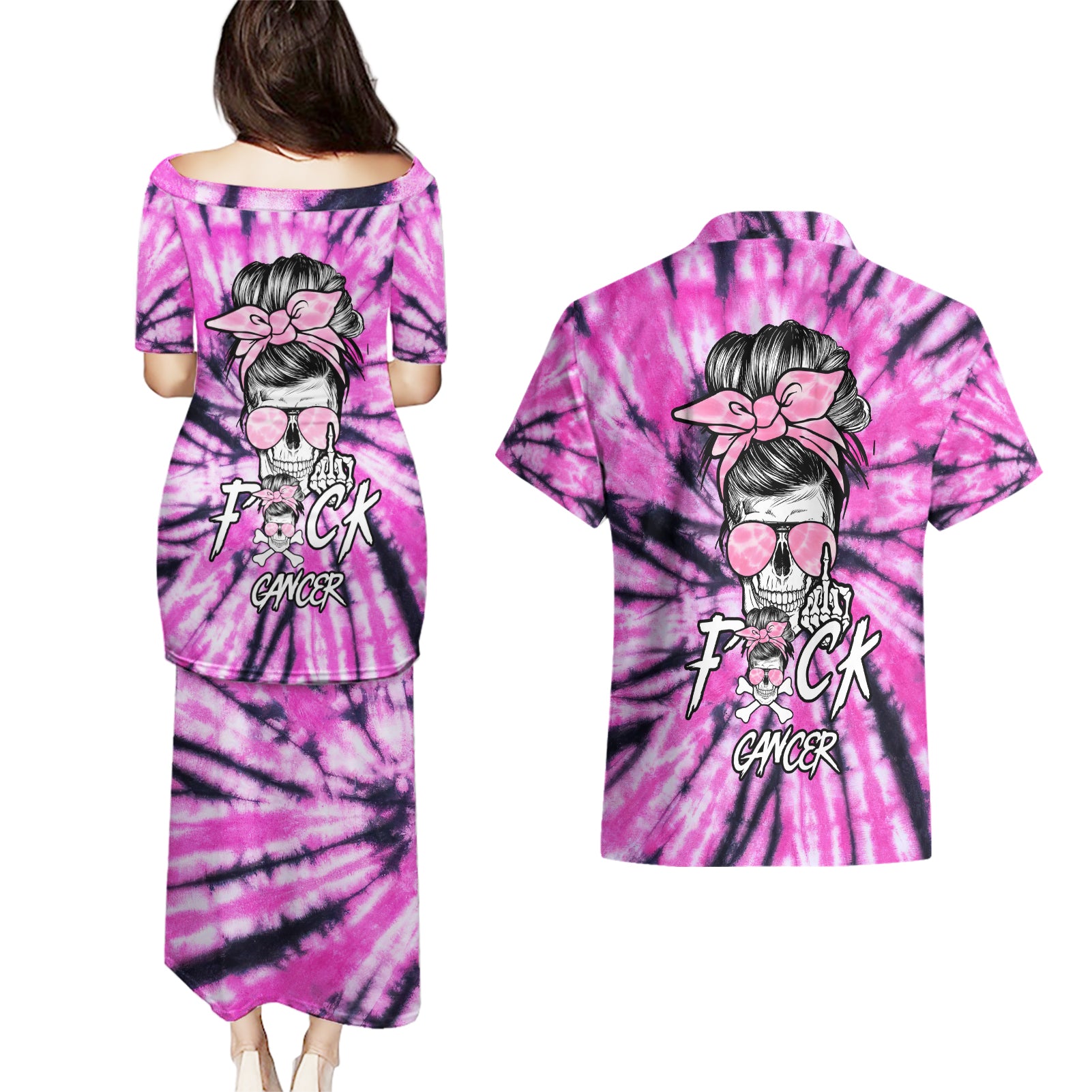 Fcks Cancer Skull Tie Dye Couples Matching Puletasi Dress and Hawaiian Shirt - Wonder Print Shop
