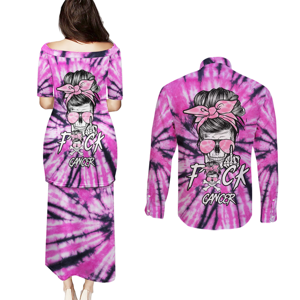 Fcks Cancer Skull Tie Dye Couples Matching Puletasi Dress and Long Sleeve Button Shirt - Wonder Print Shop