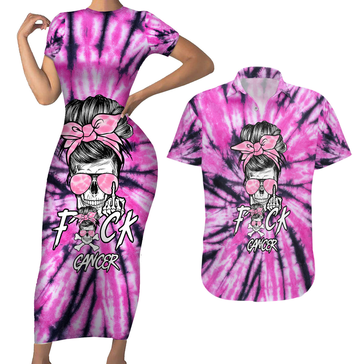 Fcks Cancer Skull Tie Dye Couples Matching Short Sleeve Bodycon Dress and Hawaiian Shirt - Wonder Print Shop