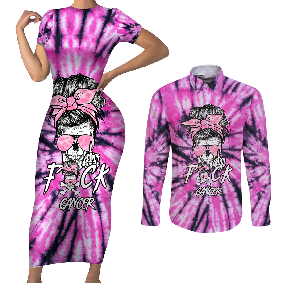 Fcks Cancer Skull Tie Dye Couples Matching Short Sleeve Bodycon Dress and Long Sleeve Button Shirt - Wonder Print Shop