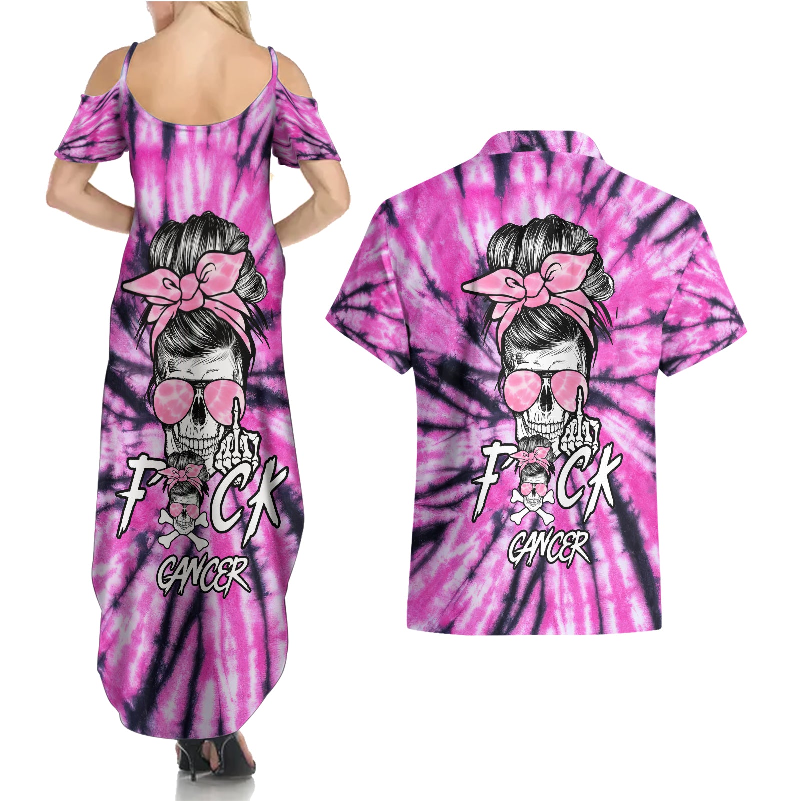 Fcks Cancer Skull Tie Dye Couples Matching Summer Maxi Dress and Hawaiian Shirt - Wonder Print Shop