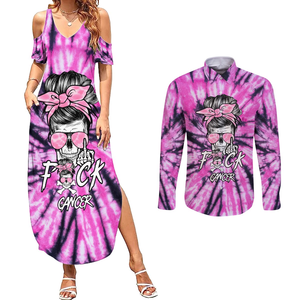 Fcks Cancer Skull Tie Dye Couples Matching Summer Maxi Dress and Long Sleeve Button Shirt - Wonder Print Shop
