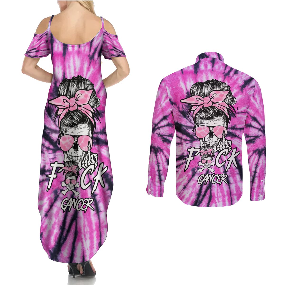 Fcks Cancer Skull Tie Dye Couples Matching Summer Maxi Dress and Long Sleeve Button Shirt - Wonder Print Shop